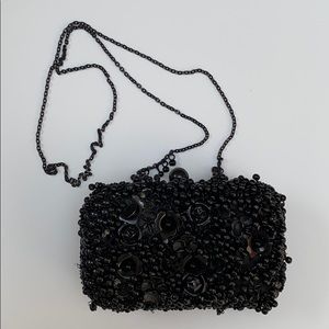 ZARA Black Floral Beaded Clutch + Removable Chain